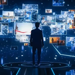 Profesional explorando múltiples entornos virtuales, representando el enfoque tecnológico de la Maestría en Ambientes Digitales para la Educación.