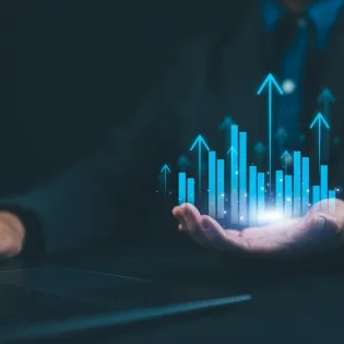 Representación digital de crecimiento financiero con gráficos en 3D, simbolizando el avance de la economía virtual.