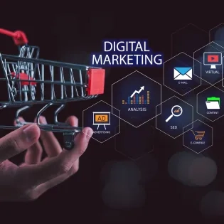 Gráfico conceptual de marketing digital que muestra canales como email, social media y anuncios fluyendo hacia un carrito de compras, ilustrando las fases de un embudo de conversión digital.