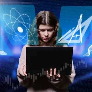 Estudiante interactuando con herramientas virtuales e IA, tema relevante para la licenciatura en matemáticas