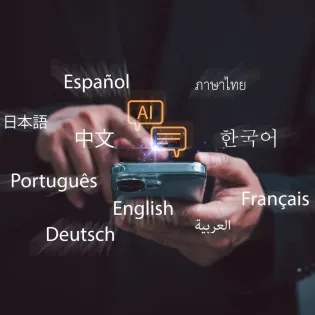 Celular con icono de IA e idiomas en pantalla, uso de inteligencia artificial en la enseñanza de idiomas