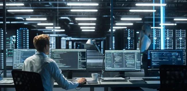 Ingeniero de sistemas supervisando procesos tecnológicos en centro de control