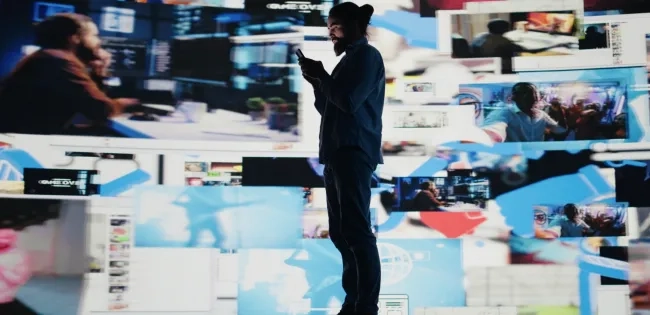 Hombre rodeado de múltiples pantallas digitales haciendo doomscrolling, concepto clave abordado en el programa de psicología