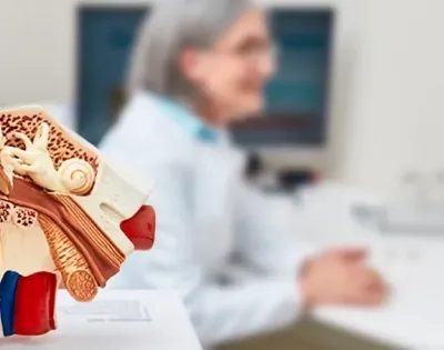 Modelo anatómico del oído humano, con un médico especialista en audiología explicando su estructura o un diagnóstico.