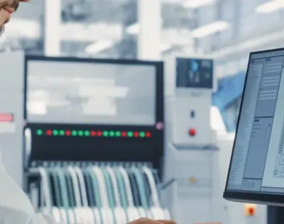 Ingeniero industrial supervisando procesos de producción y diseño electrónico en una planta o fábrica.