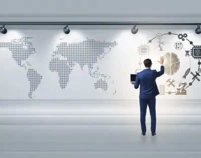 Profesional egresado de la especialización en inteligencia de negocios analizando un mapa de datos mundial con iconos de tecnología.
