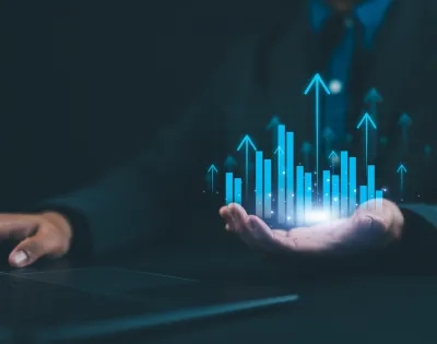 Representación digital de crecimiento financiero con gráficos en 3D, simbolizando el avance de la economía virtual.