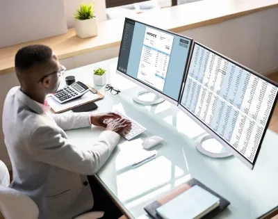 Contador analizando facturas electrónicas como parte de la transformación digital en contaduría.