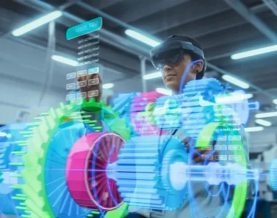 Ingeniera utilizando gafas de realidad aumentada para el diseño de procesos y prototipado 3D, una de las áreas de la ingeniería industrial enfocada en la innovación y manufactura inteligente.