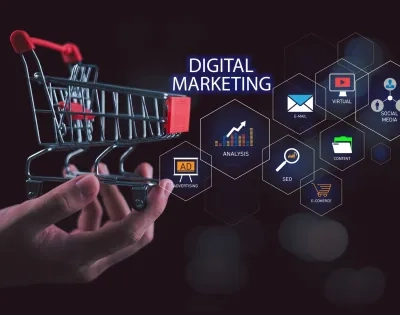 Gráfico conceptual de marketing digital que muestra canales como email, social media y anuncios fluyendo hacia un carrito de compras, ilustrando las fases de un embudo de conversión digital.