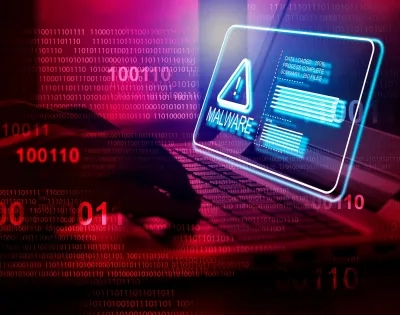Alerta digital de malware parpadeando sobre el teclado de una computadora portátil con fondo de datos binarios, ilustrando la vulnerabilidad informática y soluciones en ciberseguridad para pequeñas empresas