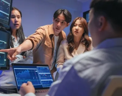 Un equipo de profesionales de la ingeniería de software colaborando frente a pantallas con gráficos y líneas de código, analizando el rendimiento de un sistema.