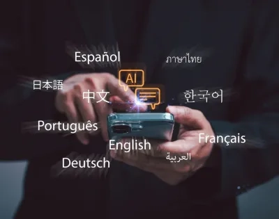 Celular con icono de IA e idiomas en pantalla, uso de inteligencia artificial en la enseñanza de idiomas