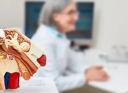 Modelo anatómico del oído humano, con un médico especialista en audiología explicando su estructura o un diagnóstico.