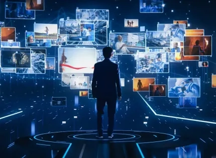 Profesional explorando múltiples entornos virtuales, representando el enfoque tecnológico de la Maestría en Ambientes Digitales para la Educación.