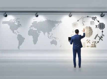 Profesional egresado de la especialización en inteligencia de negocios analizando un mapa de datos mundial con iconos de tecnología.
