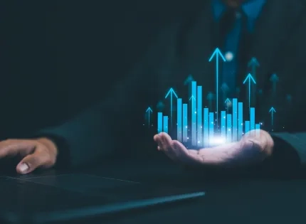 Representación digital de crecimiento financiero con gráficos en 3D, simbolizando el avance de la economía virtual.