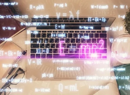 Concepto digital de fórmulas matemáticas sobre teclado, relacionado con el estudio virtual en la Licenciatura en Matemáticas.