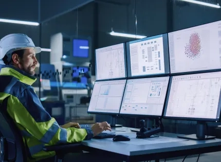 Ingeniero industrial supervisando procesos automatizados en un entorno digital, ejemplo de la aplicación de la industria 4.0 en la gestión productiva.