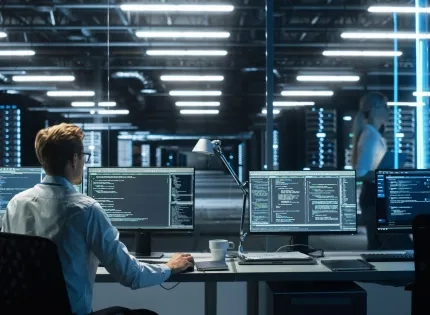 Ingeniero de sistemas supervisando procesos tecnológicos en centro de control