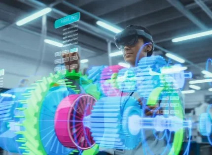 Ingeniera utilizando gafas de realidad aumentada para el diseño de procesos y prototipado 3D, una de las áreas de la ingeniería industrial enfocada en la innovación y manufactura inteligente.