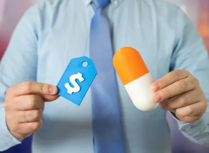 Etiqueta de precio y medicamento, representando la Gestión Pública eficiente en los servicios de salud.