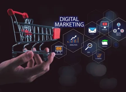 Gráfico conceptual de marketing digital que muestra canales como email, social media y anuncios fluyendo hacia un carrito de compras, ilustrando las fases de un embudo de conversión digital.