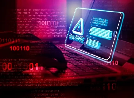 Alerta digital de malware parpadeando sobre el teclado de una computadora portátil con fondo de datos binarios, ilustrando la vulnerabilidad informática y soluciones en ciberseguridad para pequeñas empresas