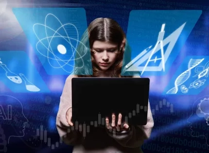Estudiante interactuando con herramientas virtuales e IA, tema relevante para la licenciatura en matemáticas