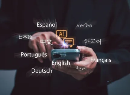 Celular con icono de IA e idiomas en pantalla, uso de inteligencia artificial en la enseñanza de idiomas