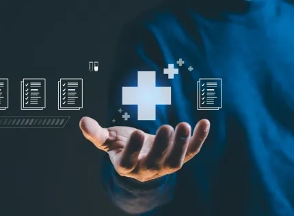 Cruz médica e iconos de gestión digital, concepto de transformación digital en calidad en salud
