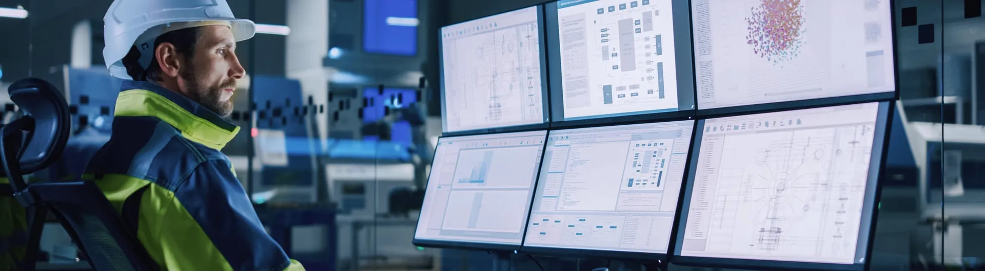 Ingeniero industrial supervisando procesos automatizados en un entorno digital, ejemplo de la aplicación de la industria 4.0 en la gestión productiva.