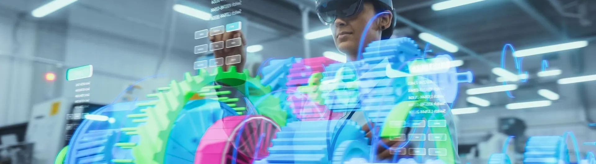 Ingeniera utilizando gafas de realidad aumentada para el diseño de procesos y prototipado 3D, una de las áreas de la ingeniería industrial enfocada en la innovación y manufactura inteligente.