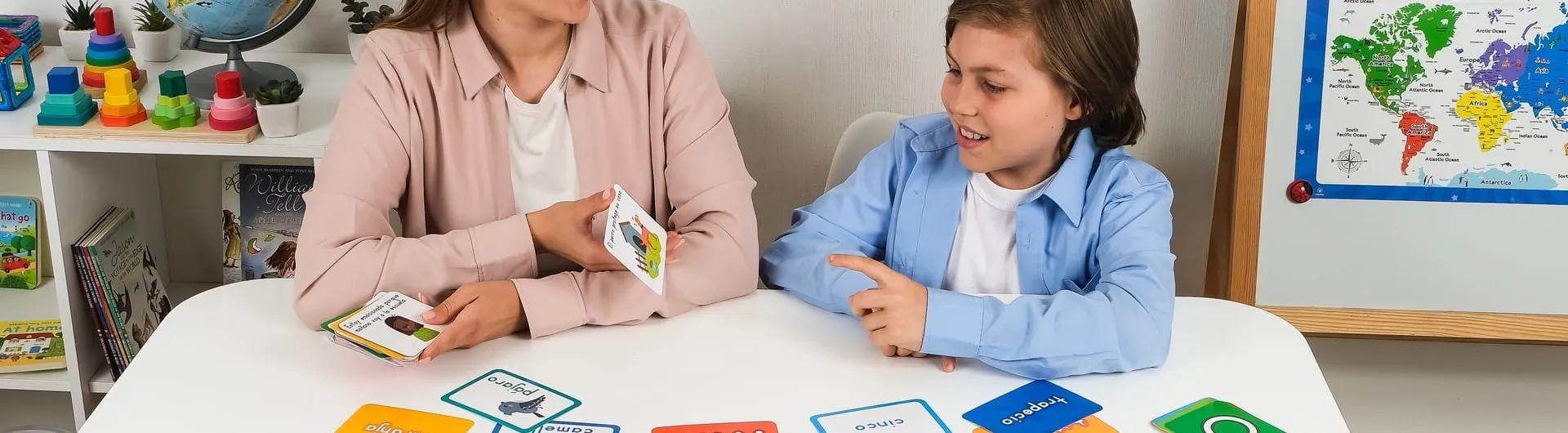 Maestra de humanidades y lengua castellana realizando actividades de lectoescritura con un niño usando tarjetas didácticas para fortalecer el aprendizaje del idioma.