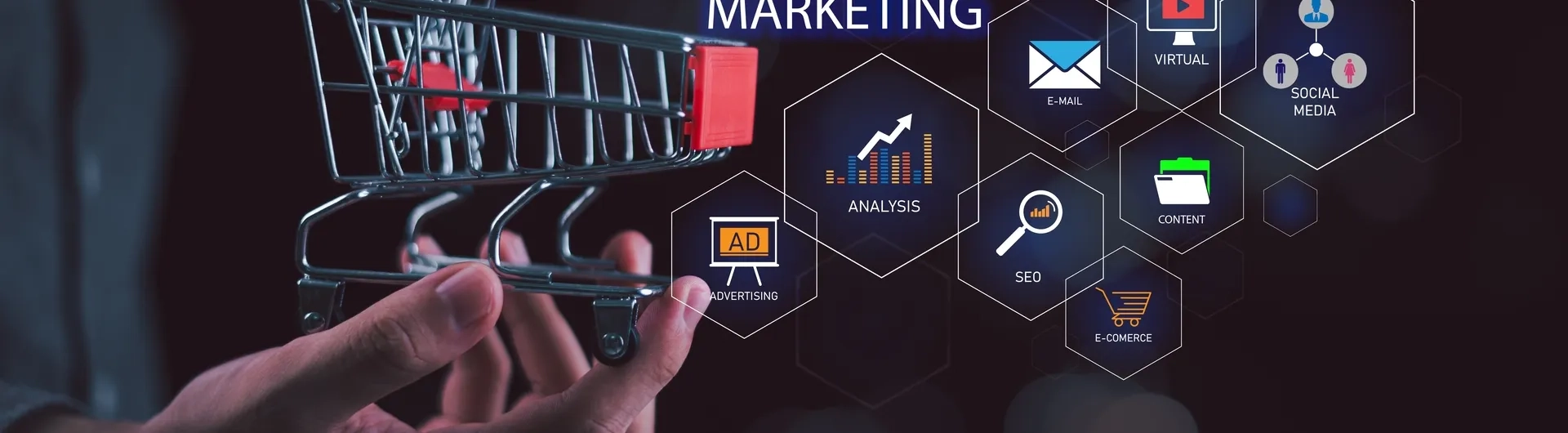 Gráfico conceptual de marketing digital que muestra canales como email, social media y anuncios fluyendo hacia un carrito de compras, ilustrando las fases de un embudo de conversión digital.