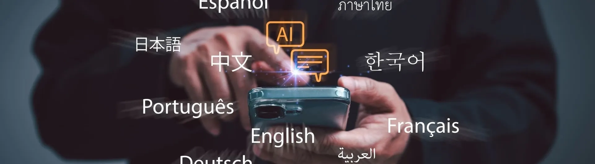 Celular con icono de IA e idiomas en pantalla, uso de inteligencia artificial en la enseñanza de idiomas