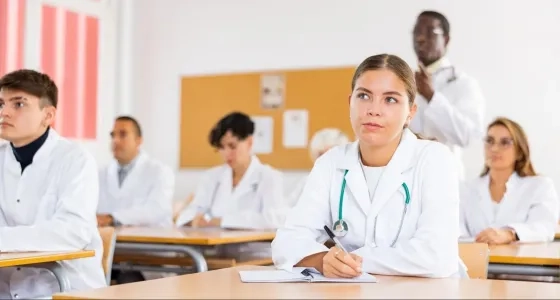 Estudiantes de la especialización en auditoría médica virtual tomando notas en clase sobre control y calidad en salud.
