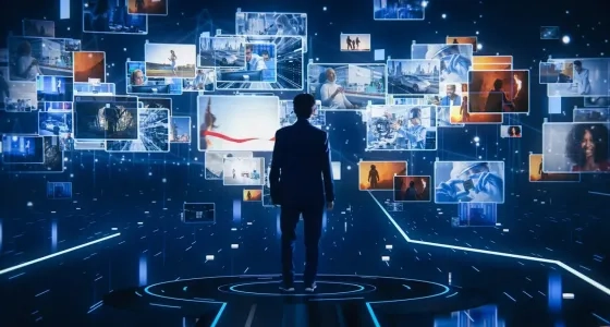 Profesional explorando múltiples entornos virtuales, representando el enfoque tecnológico de la Maestría en Ambientes Digitales para la Educación.