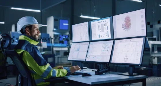 Ingeniero industrial supervisando procesos automatizados en un entorno digital, ejemplo de la aplicación de la industria 4.0 en la gestión productiva.