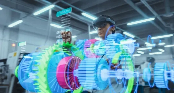 Ingeniera utilizando gafas de realidad aumentada para el diseño de procesos y prototipado 3D, una de las áreas de la ingeniería industrial enfocada en la innovación y manufactura inteligente.