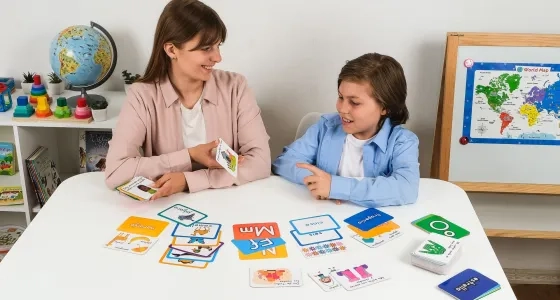 Maestra de humanidades y lengua castellana realizando actividades de lectoescritura con un niño usando tarjetas didácticas para fortalecer el aprendizaje del idioma.