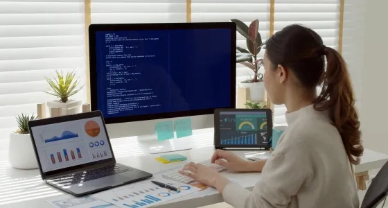 Vista trasera de una estudiante de MBA en su escritorio, rodeada de análisis de datos y gráficos empresariales, representando las competencias clave qué aprenderás en un MBA."