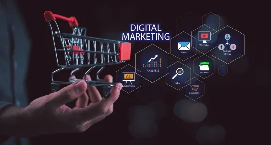 Gráfico conceptual de marketing digital que muestra canales como email, social media y anuncios fluyendo hacia un carrito de compras, ilustrando las fases de un embudo de conversión digital.