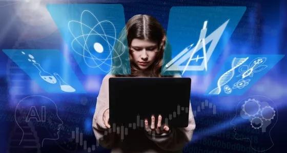 Estudiante interactuando con herramientas virtuales e IA, tema relevante para la licenciatura en matemáticas